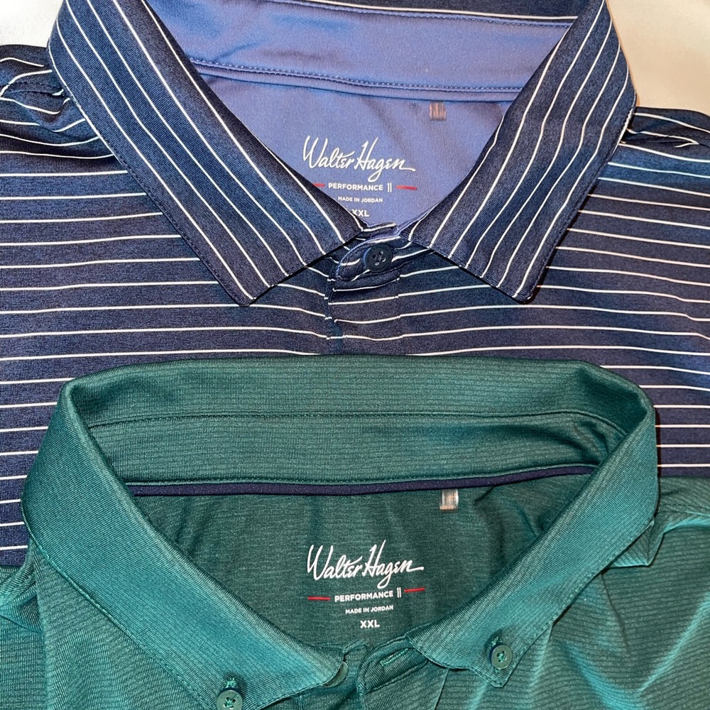 Walter Hagen Men’s Golf Performance Polo XXL Navy Stripe & Hunter Green Pair